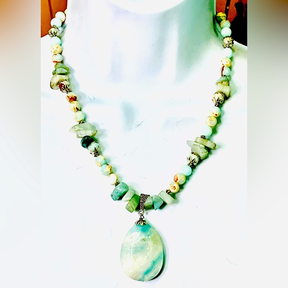 Handmade Light Blue Chrysocolla Beaded Necklace with Pendant and Silver NWT